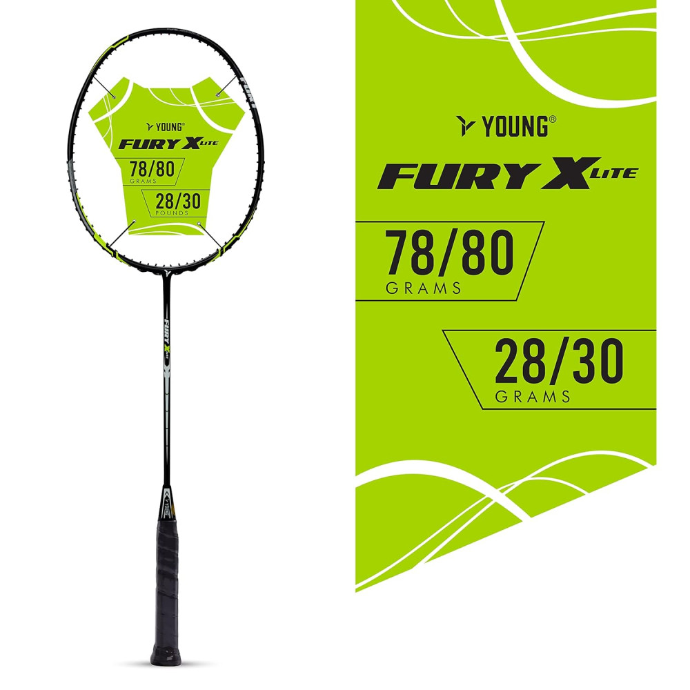 Young Fury X Lite (78 g, 30 LBS) Unstrung Badminton Racquet with Full Cover (Black Green)