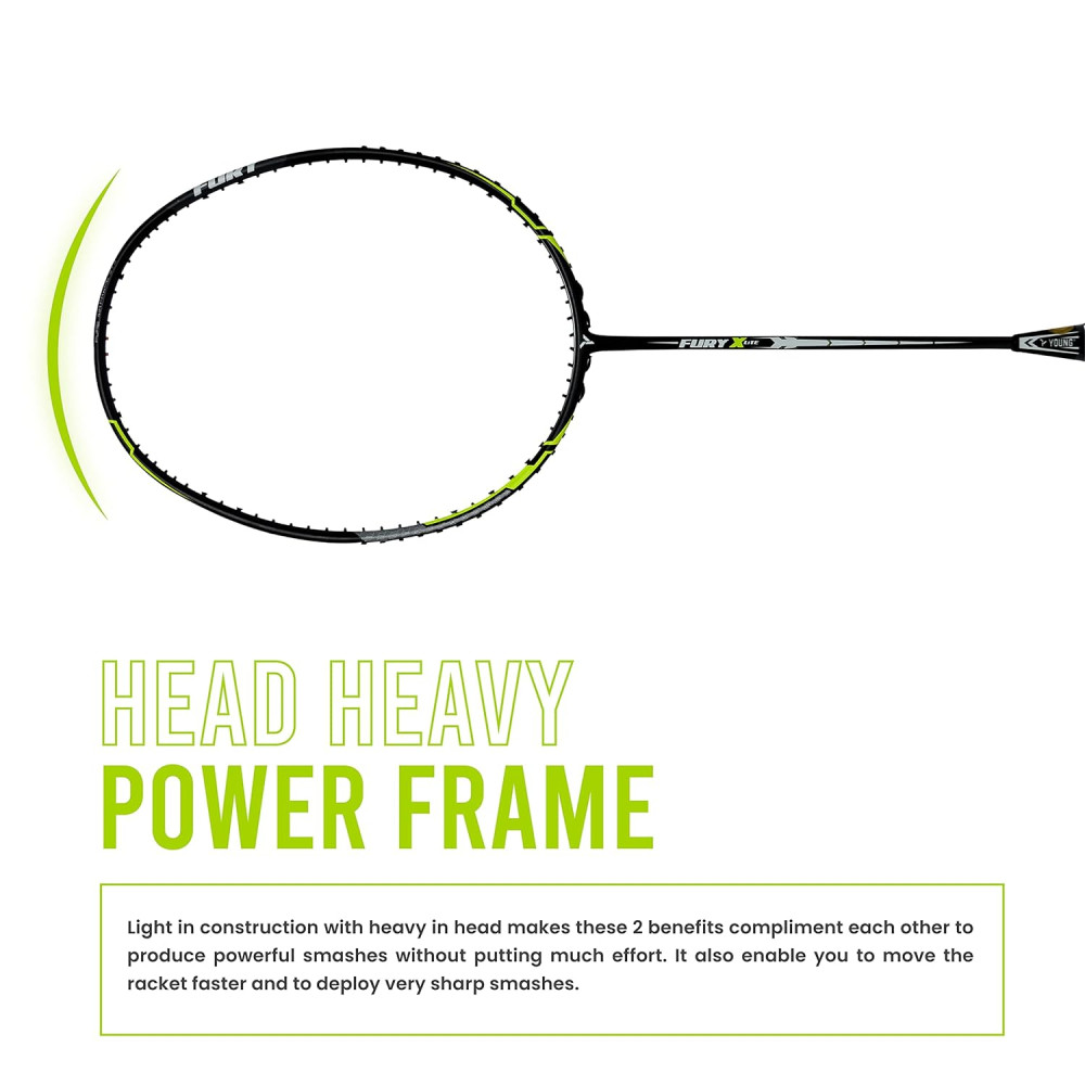Young Fury X Lite (78 g, 30 LBS) Unstrung Badminton Racquet with Full Cover (Black Green)