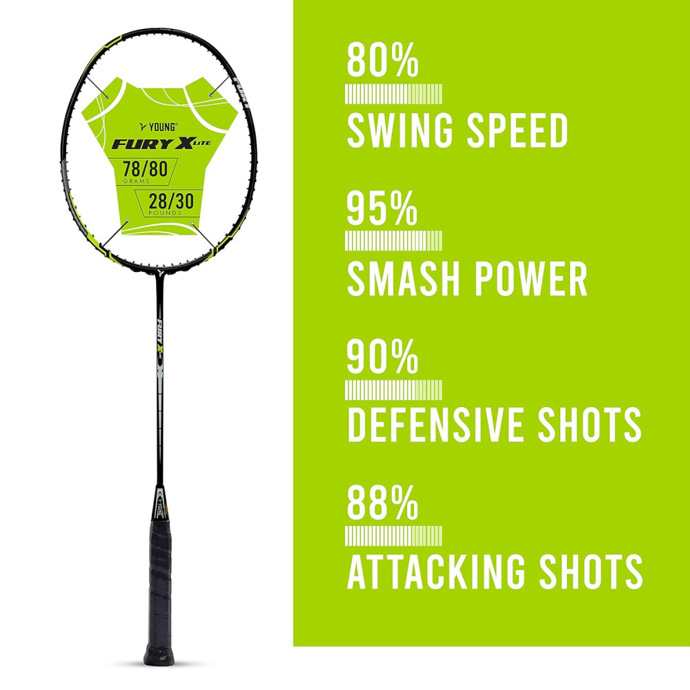 Young Fury X Lite (78 g, 30 LBS) Unstrung Badminton Racquet with Full Cover (Black Green)