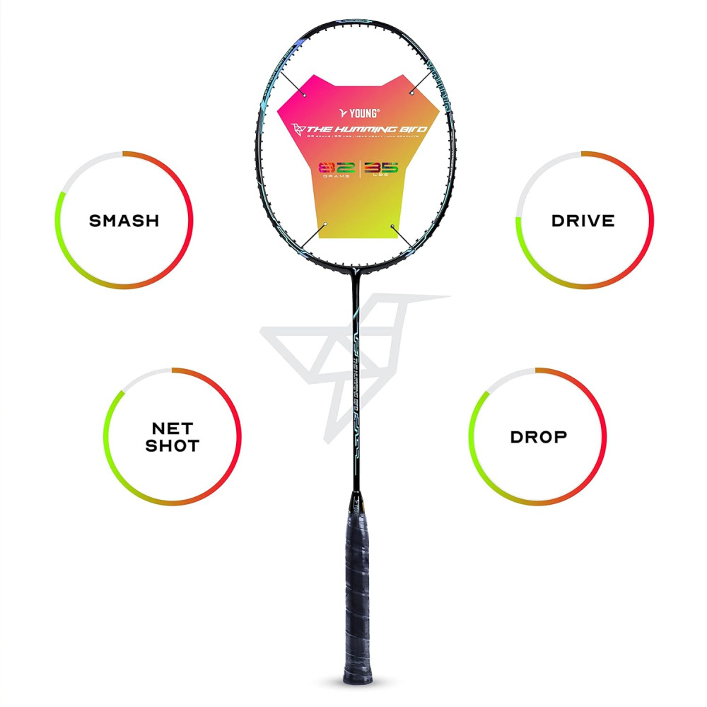 Young The Humming Bird Black Blue Green Badminton Racket + R2 Black Gold Kitbag Combo
