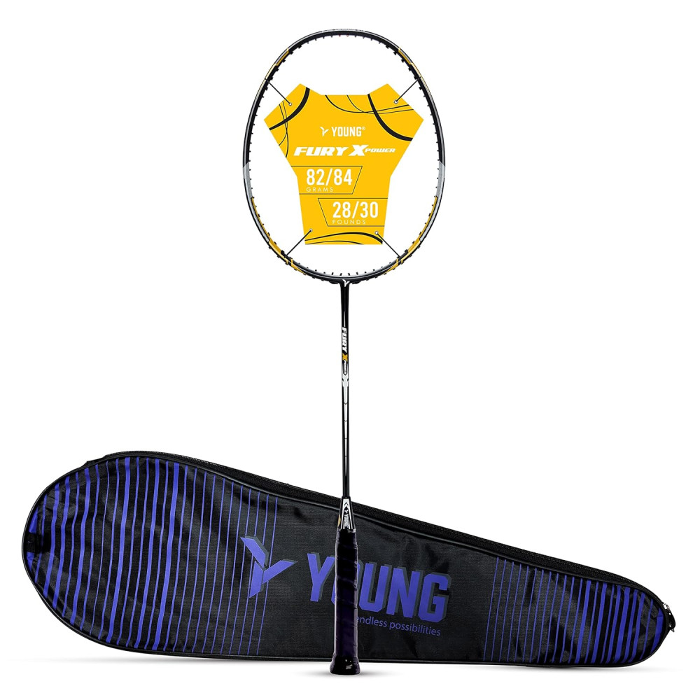 Young Fury X Power (Full Graphite, 30 LBS) Unstrung Badminton Racquet with Full Cover (Black Gold)