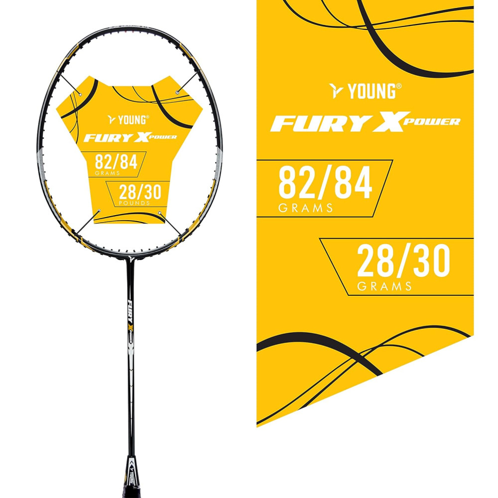 Young Fury X Power (Full Graphite, 30 LBS) Unstrung Badminton Racquet with Full Cover (Black Gold)