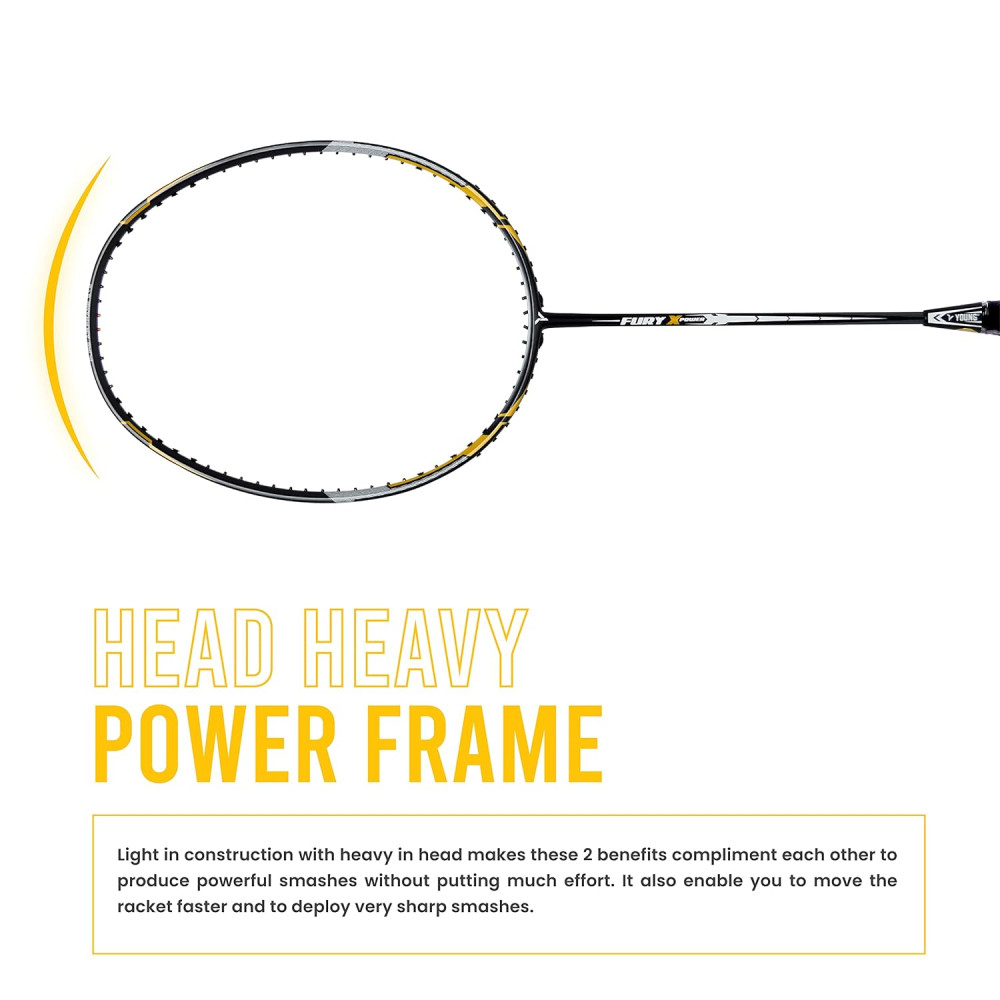Young Fury X Power (Full Graphite, 30 LBS) Unstrung Badminton Racquet with Full Cover (Black Gold)