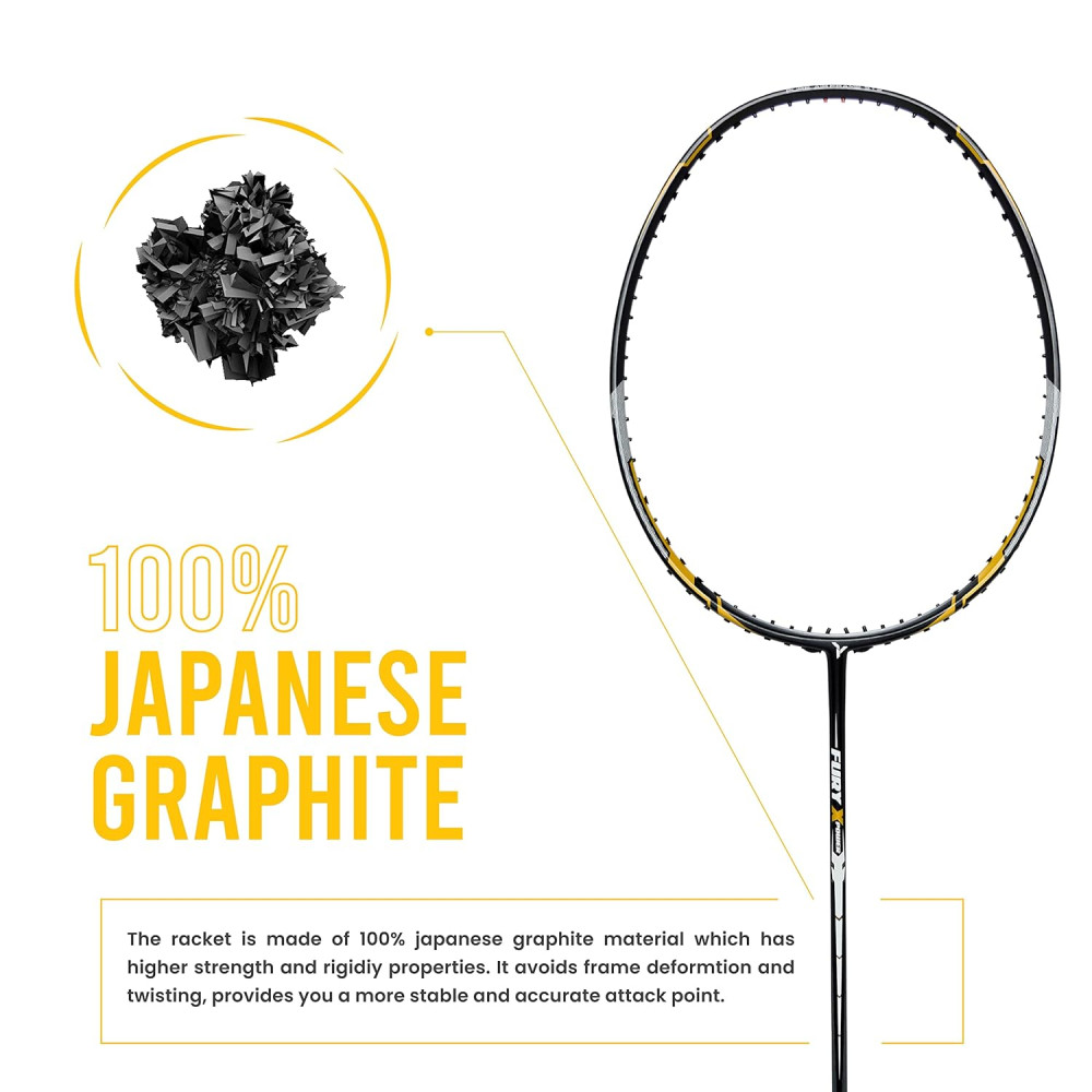 Young Fury X Power (Full Graphite, 30 LBS) Unstrung Badminton Racquet with Full Cover (Black Gold)