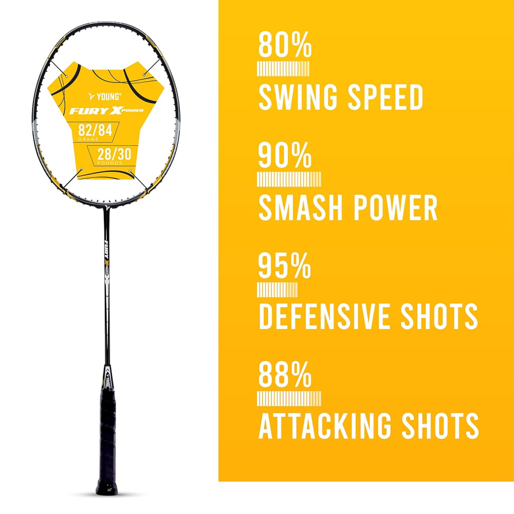 Young Fury X Power (Full Graphite, 30 LBS) Unstrung Badminton Racquet with Full Cover (Black Gold)