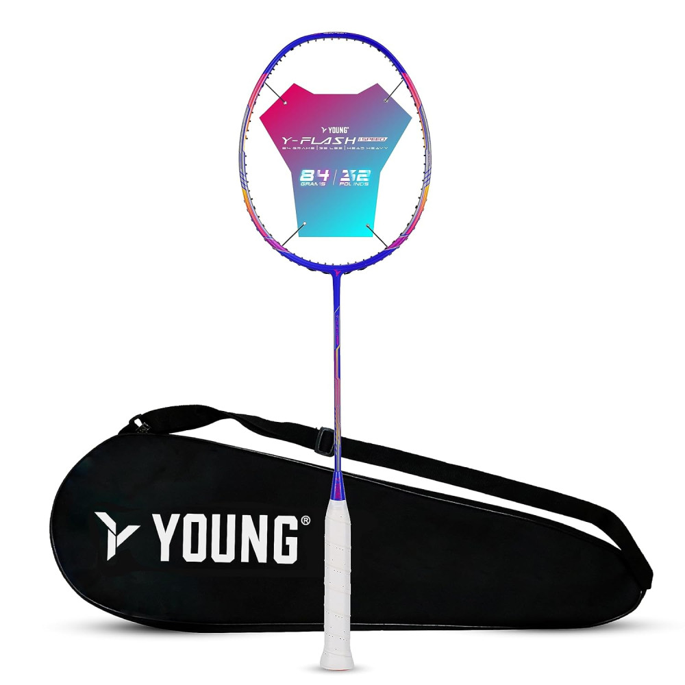 Young Y Flash iSpeed (30T Top Grade Japanese Graphite, 32LBS) Aero Hexa Frame, Head Heavy Badminton Racket with Customization and Full Cover (White Blue)