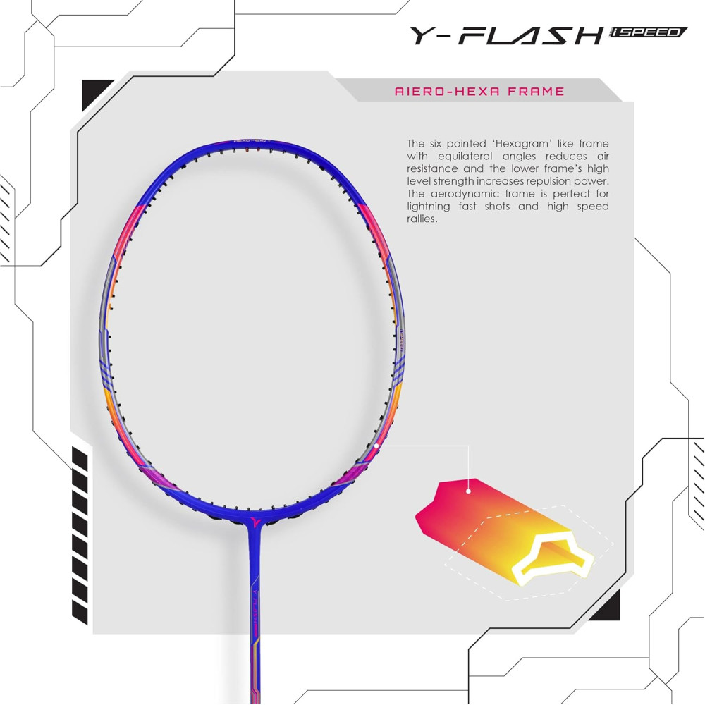 Young Y Flash iSpeed (30T Top Grade Japanese Graphite, 32LBS) Aero Hexa Frame, Head Heavy Badminton Racket with Customization and Full Cover (White Blue)