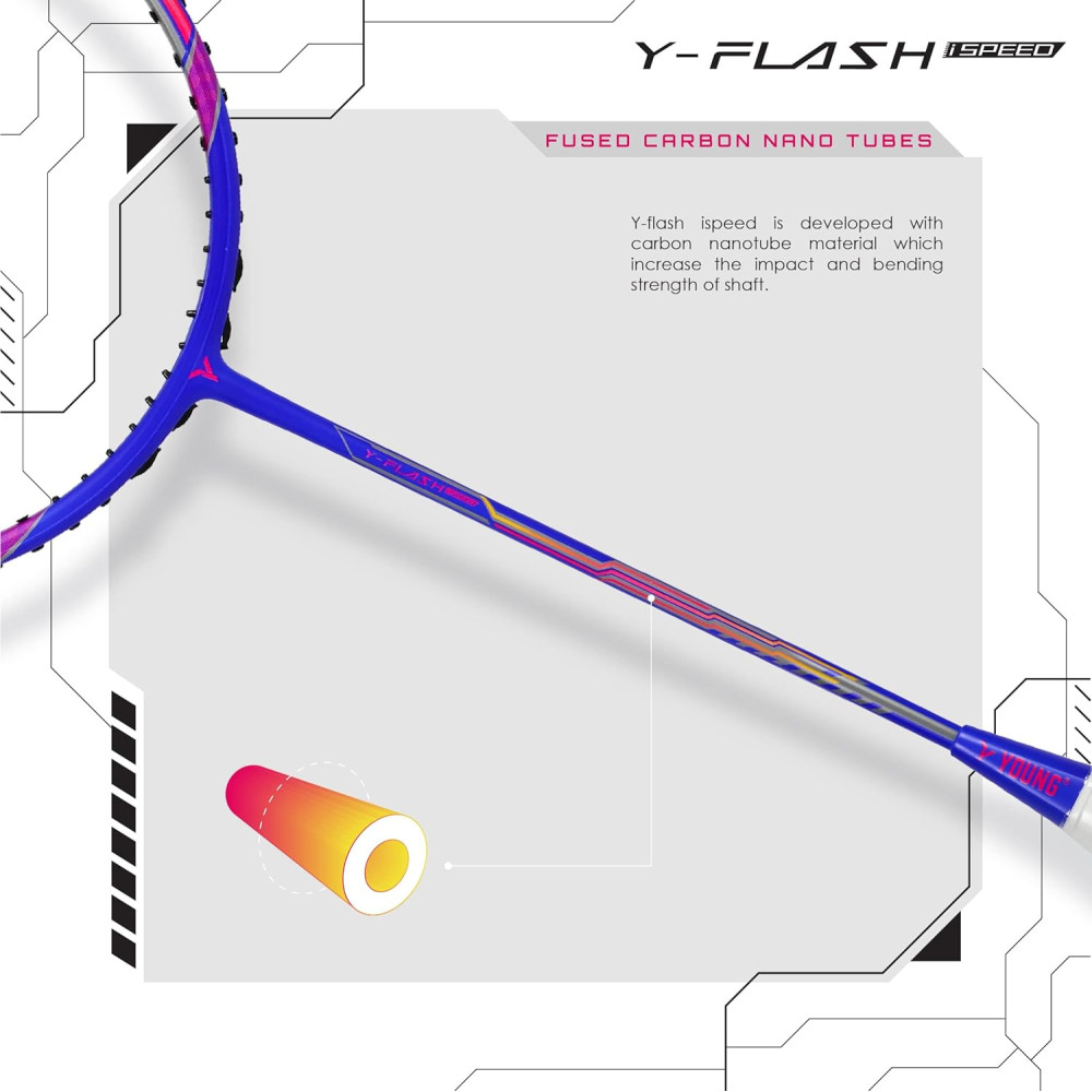 Young Y Flash iSpeed (30T Top Grade Japanese Graphite, 32LBS) Aero Hexa Frame, Head Heavy Badminton Racket with Customization and Full Cover (White Blue)