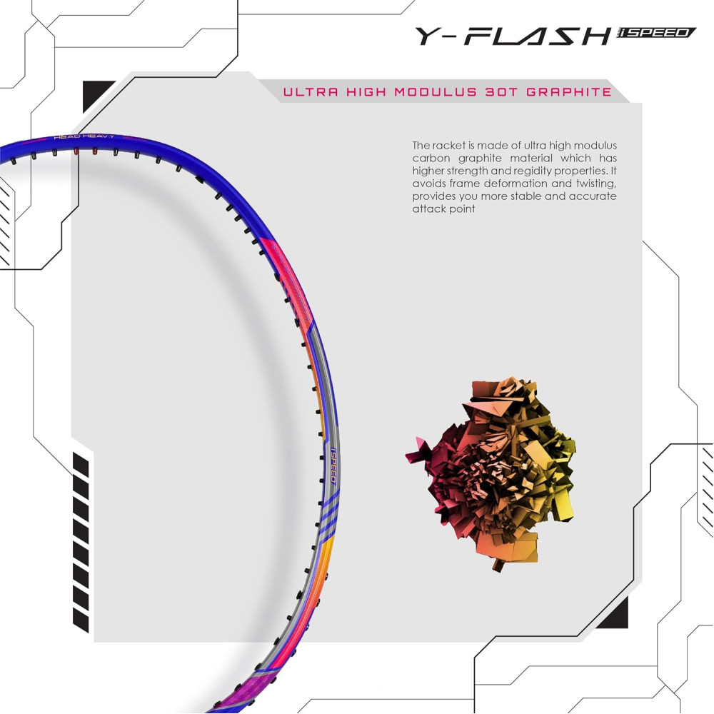 Young Y Flash iSpeed (30T Top Grade Japanese Graphite, 32LBS) Aero Hexa Frame, Head Heavy Badminton Racket with Customization and Full Cover (White Blue)