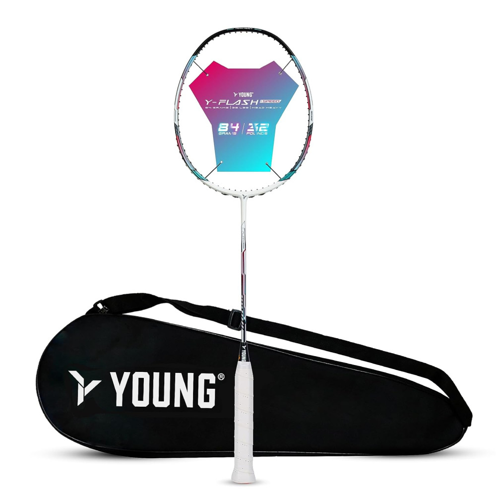 Young Y Flash iSpeed (30T Top Grade Japanese Graphite, 32LBS) Aero Hexa Frame, Head Heavy Badminton Racket with Customization and Full Cover (White Blue)