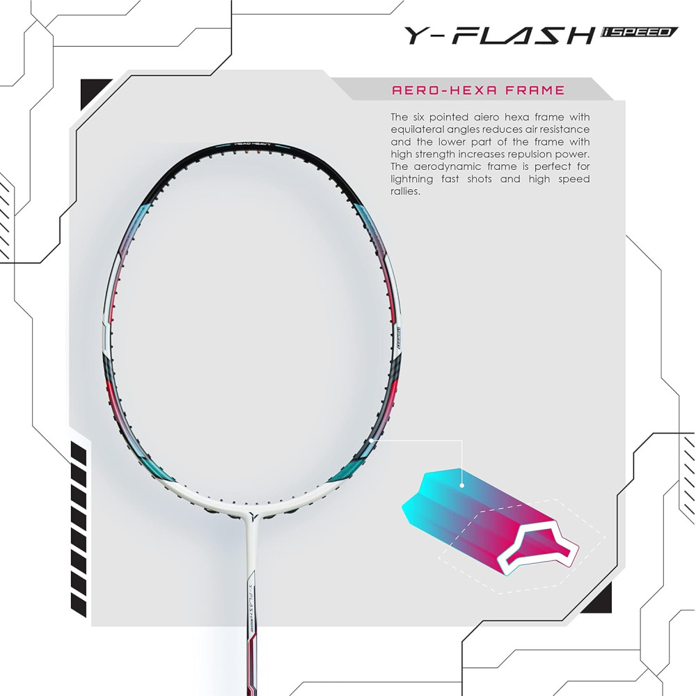 Young Y Flash iSpeed (30T Top Grade Japanese Graphite, 32LBS) Aero Hexa Frame, Head Heavy Badminton Racket with Customization and Full Cover (White Blue)
