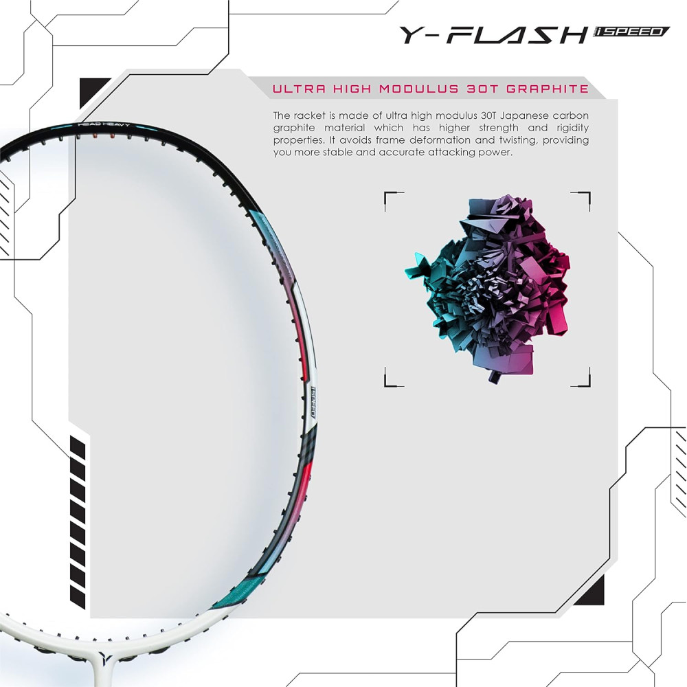 Young Y Flash iSpeed (30T Top Grade Japanese Graphite, 32LBS) Aero Hexa Frame, Head Heavy Badminton Racket with Customization and Full Cover (White Blue)
