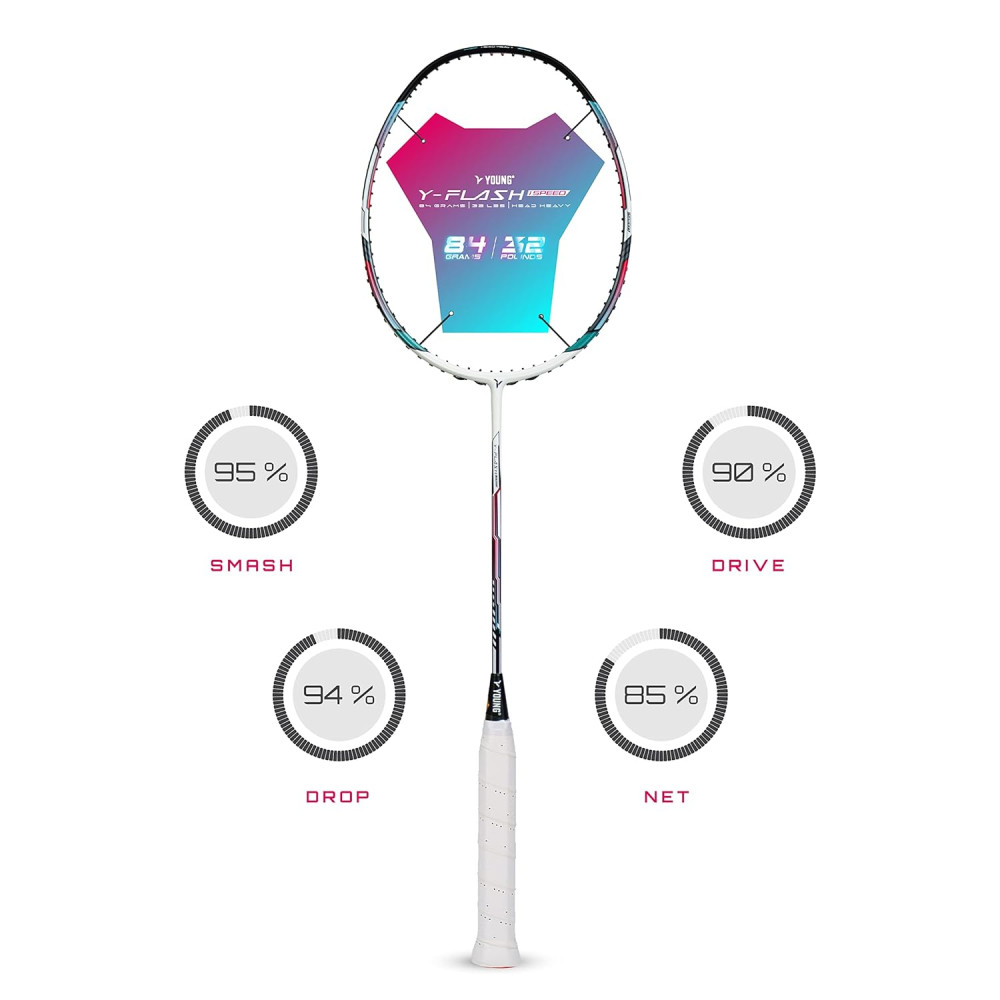 Young Y Flash iSpeed (30T Top Grade Japanese Graphite, 32LBS) Aero Hexa Frame, Head Heavy Badminton Racket with Customization and Full Cover (White Blue)