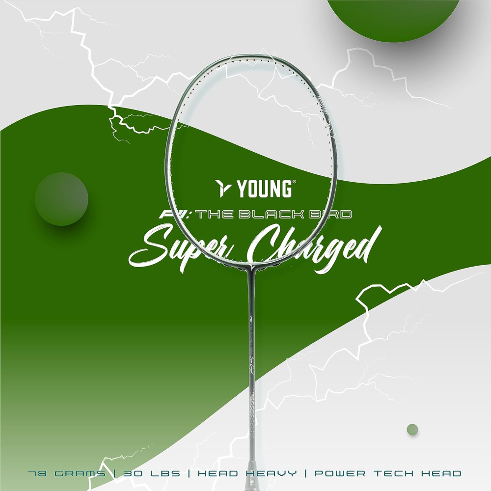 Young P11: The Black Bird Super Charged (78g Lightweight) 30 LBS | Japanese Graphite | Hi-Power Aero Frame | Head Heavy Badminton Racket with Customization and Full Cover (Green Silver)