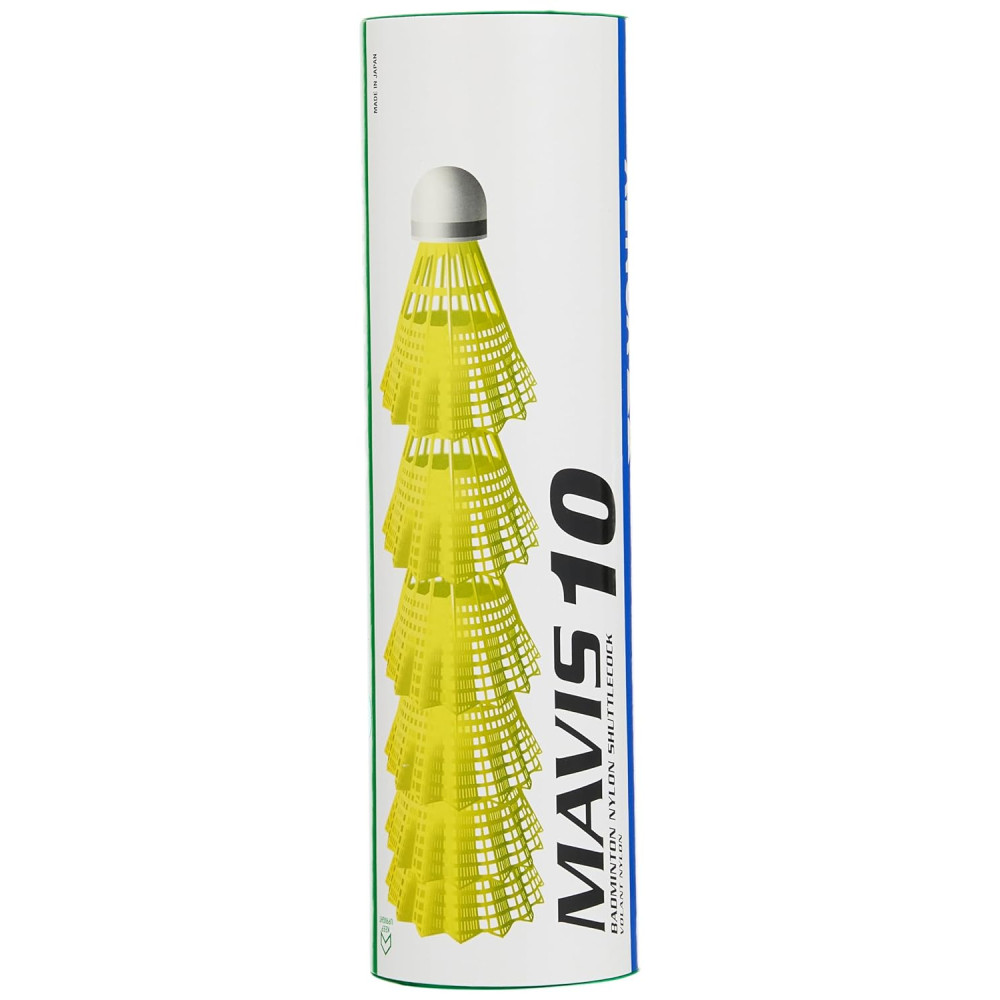 Yonex Mavis 10 Nylon Shuttlecock, Yellow, Pack of 6 | Made in Japan (Green Cap)