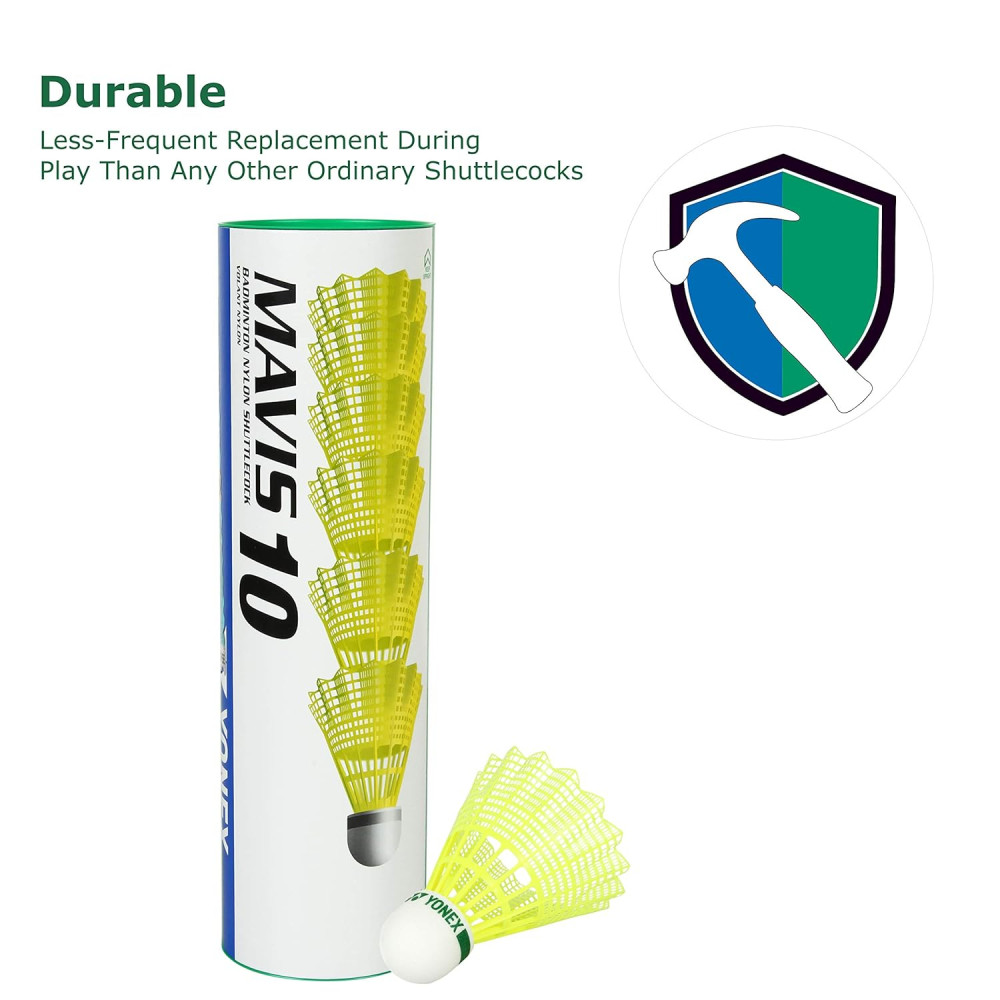 Yonex Mavis 10 Nylon Shuttlecock, Yellow, Pack of 6 | Made in Japan (Green Cap)