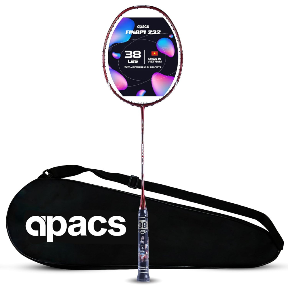 Apacs Finapi 232 (Unstrung, 38 LBS Max Tension) Made in Vietnam | 100% Japanese Graphite | High Modulus | High Power Badminton Racket with Free Full Cover | G1-4 1/4 inches (Black) Apacs Finapi 232 (Unstrung, 38 LBS Max Tension) Made in Vietnam | 100% Japanese Graphite | High Modulus | High Power Badminton Racket with Free Full Cover | G1-4 1/4 inches (Black)