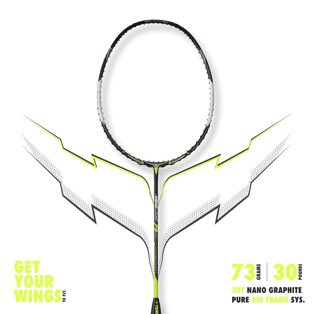 Young Wing Light 73 (73g, 30LBS) Strung Badminton Racquet with Full Cover (Black Green)