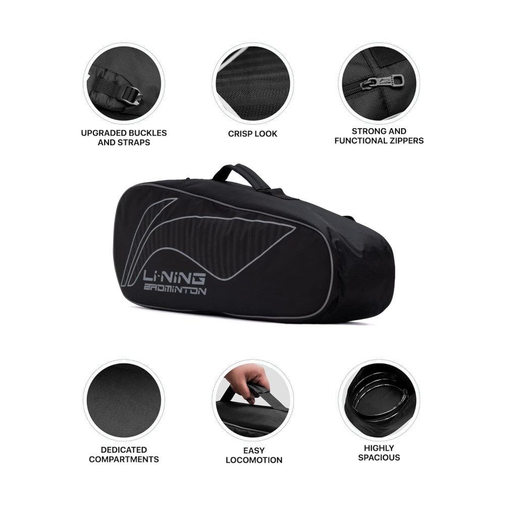 Li-Ning All Star Single Zip Polyester Badminton Kit Bag (Black, Large) | Dedicated Compartments | Unisex - Men, Boys, Girls, Women