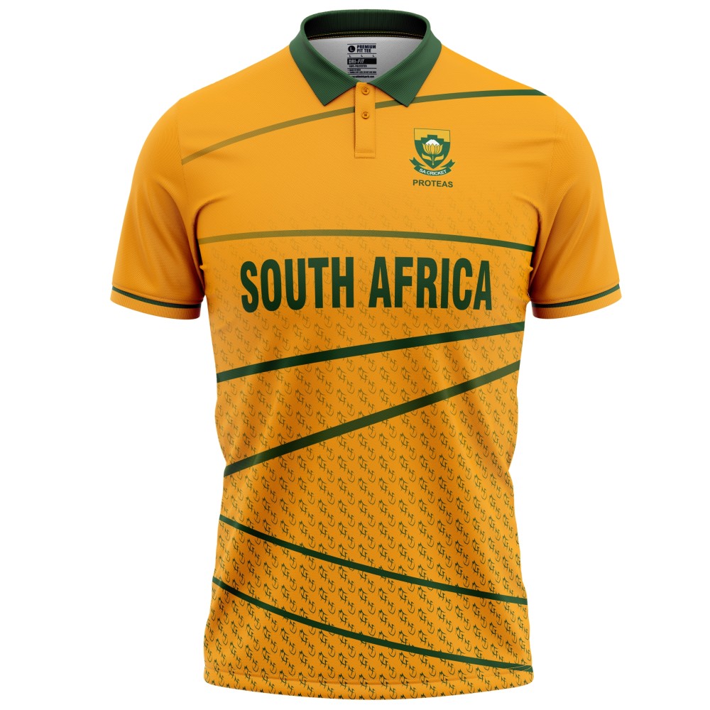 South Africa Yellow 2022 T20 World Cup Half Sleeves Cricket Fan Jersey - 100% Dryfit Polyester - With Name Personalization South Africa Yellow 2022 T20 World Cup Half Sleeves Cricket Fan Jersey - 100% Dryfit Polyester - With Name Personalization