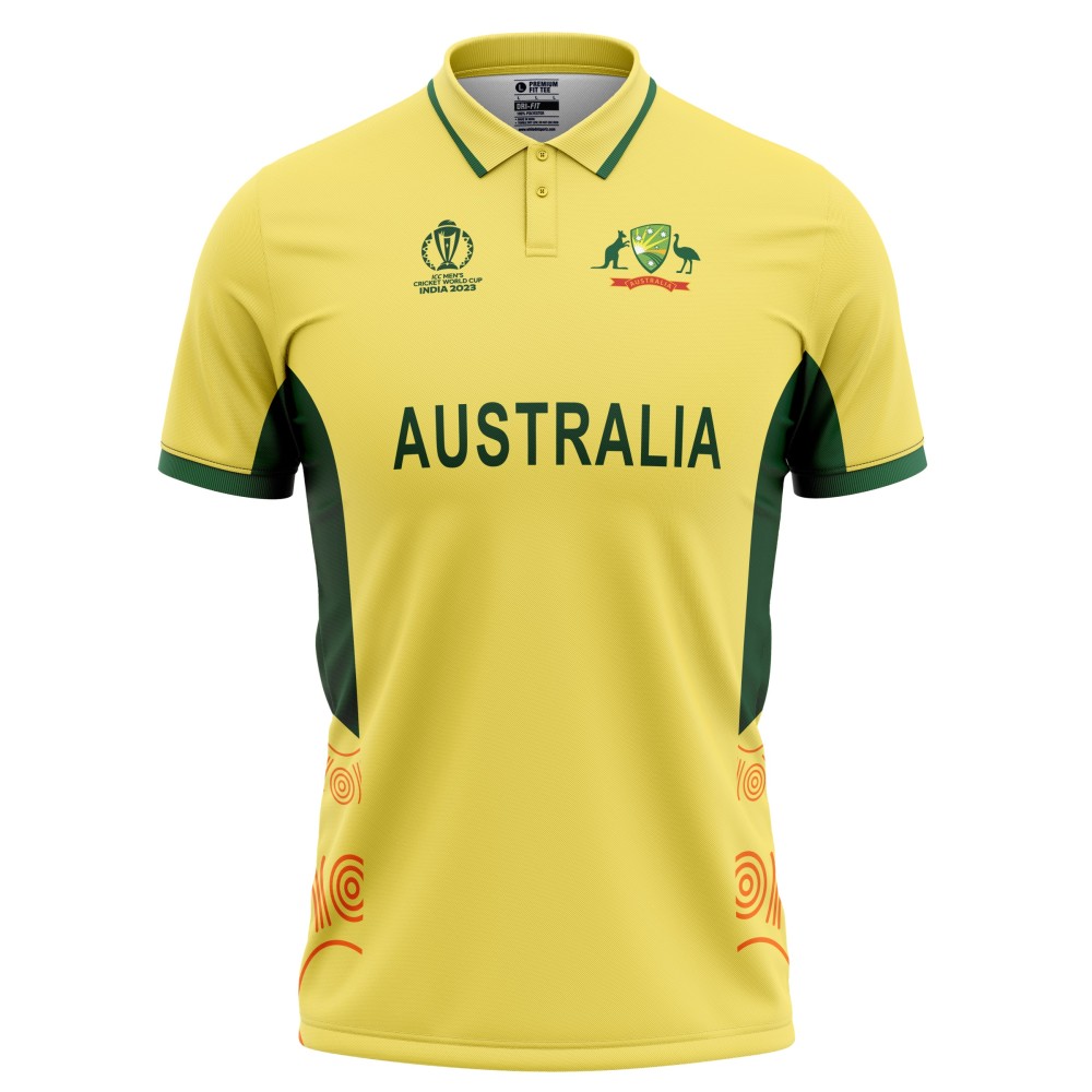 Australia ODI World Cup 2023 Half Sleeves Cricket Fan Jersey - 100% Dryfit Polyester - With Name Personalisation Australia ODI World Cup 2023 Half Sleeves Cricket Fan Jersey - 100% Dryfit Polyester - With Name Personalisation