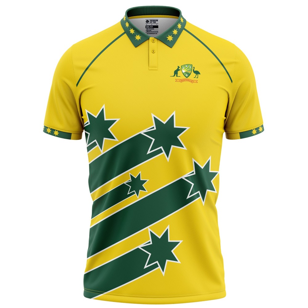 Australia Half Sleeves Cricket Fan Jersey - 100% Dryfit Polyester - With Name Personalization Australia Half Sleeves Cricket Fan Jersey - 100% Dryfit Polyester - With Name Personalization