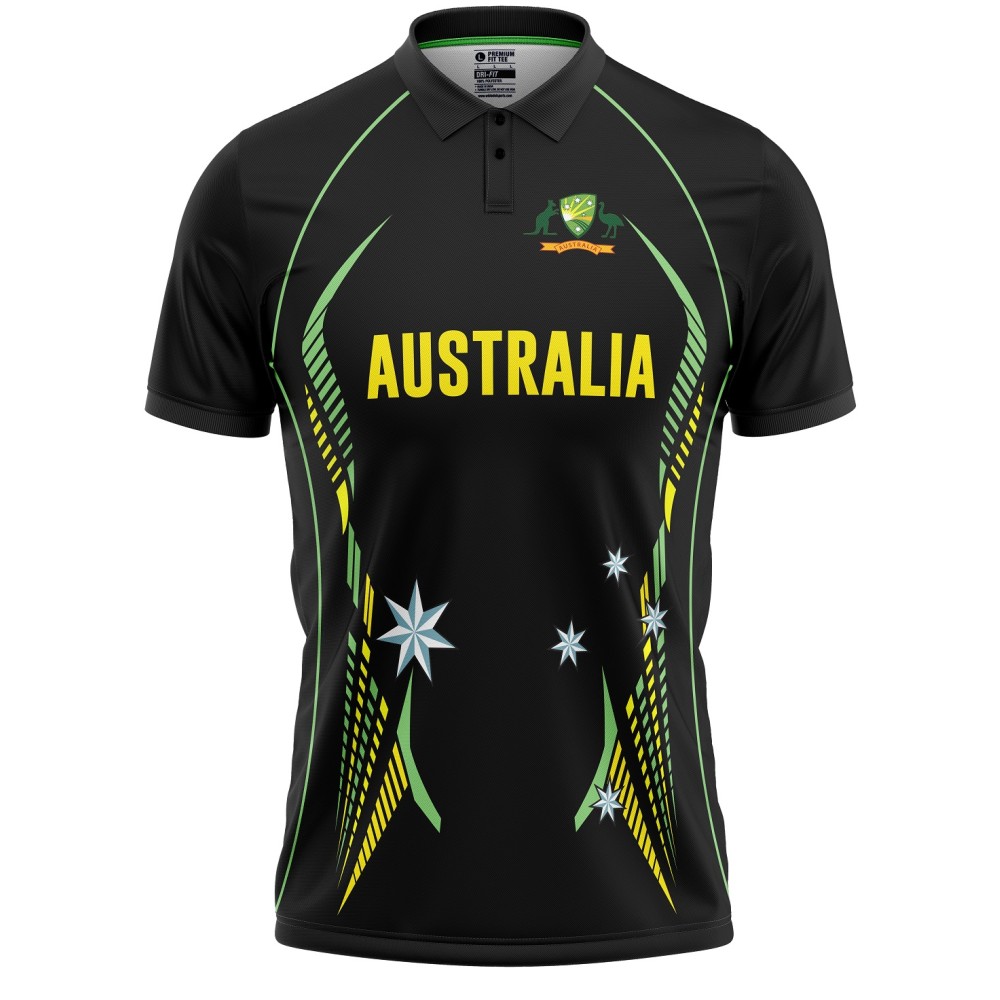 Australia Half Sleeves Cricket Fan Jersey - 100% Dryfit Polyester - With Name Personalization Australia Half Sleeves Cricket Fan Jersey - 100% Dryfit Polyester - With Name Personalization