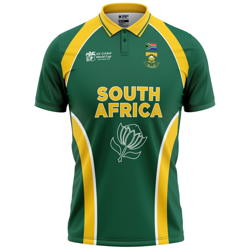 South Africa 2007 ICC World Cup Half Sleeves Cricket Fan Jersey - 100% Dryfit Polyester - With Name Personalization South Africa 2007 ICC World Cup Half Sleeves Cricket Fan Jersey - 100% Dryfit Polyester - With Name Personalization